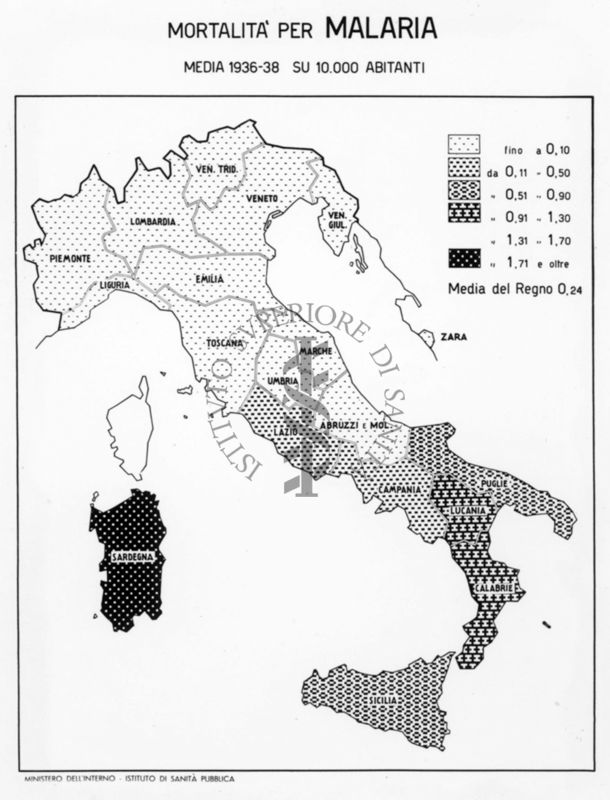 Cartogramma riferito alla mortalità per malaria in Italia negli anni 1936-1938 su 10.000 abitanti