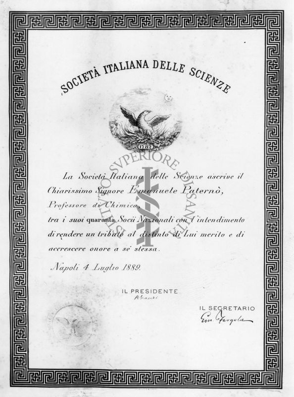 Attestato della Società Italiana delle Scienze per l'iscrizione del prof. Emanuele Paternò nell'Accademia dei Quaranta.