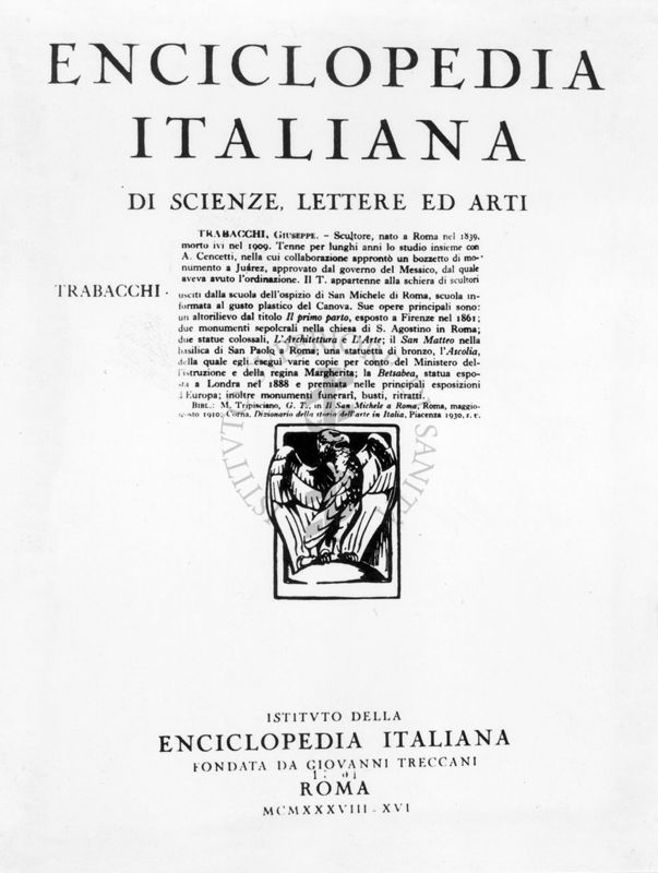 Articolo sul frontespizio dell'Enciclopedia Italiana riguardante il prof. Giulio Cesare Trabacchi.