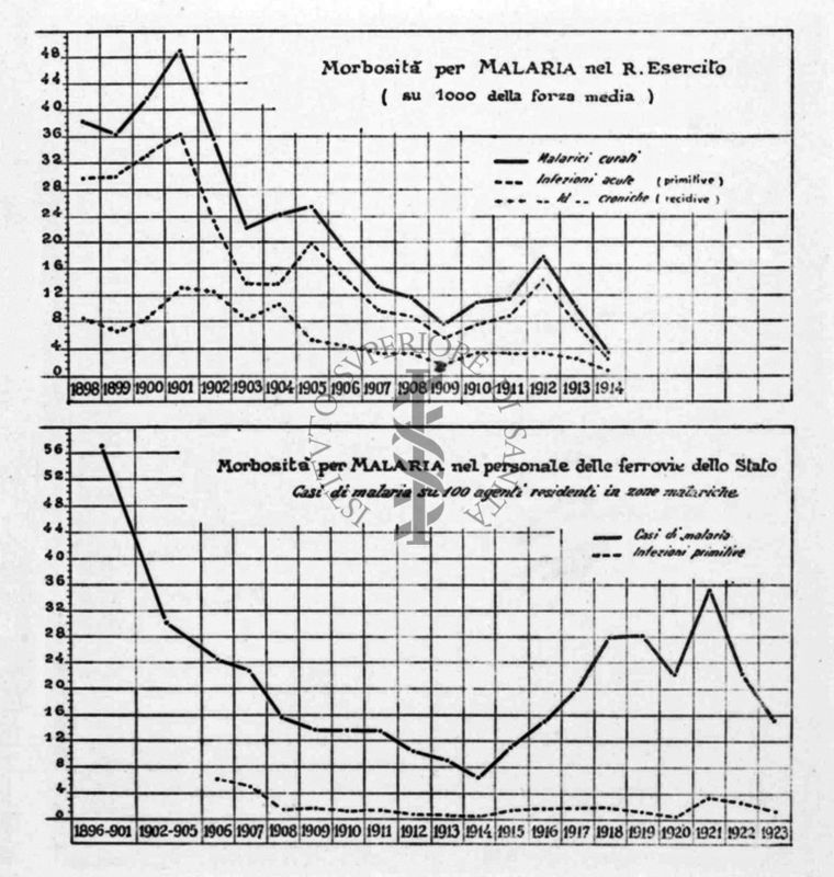 Diagramma riguardante la mortalità per malaria nel Regio Esercito e tra il personale delle Ferrovie dello Stato (F.F.S.S.)