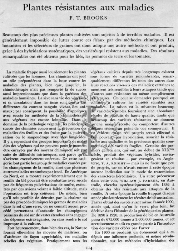 Riproduzione della prima pagina dell'articolo "Plantes résistantes aux maladies" di F. T. Brooks, pagina 114 della rivista Endeavour, edizione francese