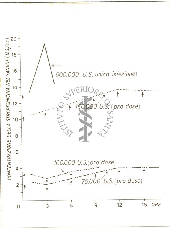 Differente concentrazione della streptomicina nel sangue in rapporto alla dose iniettata ed alla frequenza delle singole iniezioni