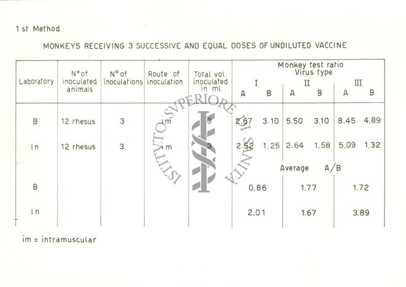 Tabella riguardante il metodo scimmie riceventi 3 dosi successive ed uguali di vaccino non diluito