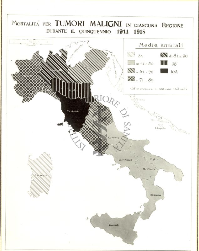 Cartogramma riguardante la mortalità per tumori maligni in ciascuna regione durante il quinquennio 1914-1918