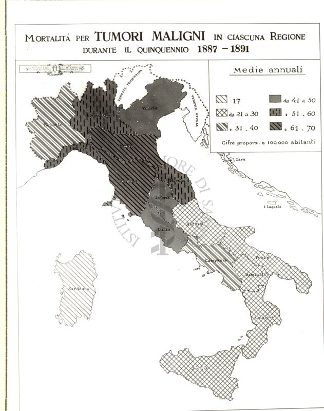 Cartogramma riguardante la mortalità per tumori maligni in ciascuna regione durante il quinquennio 1887 - 1891