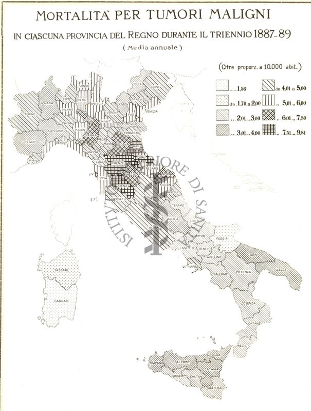 Cartogramma riguardante la mortalità per tumori maligni in ciascuna provincia del Regno durante il triennio 1887-1889