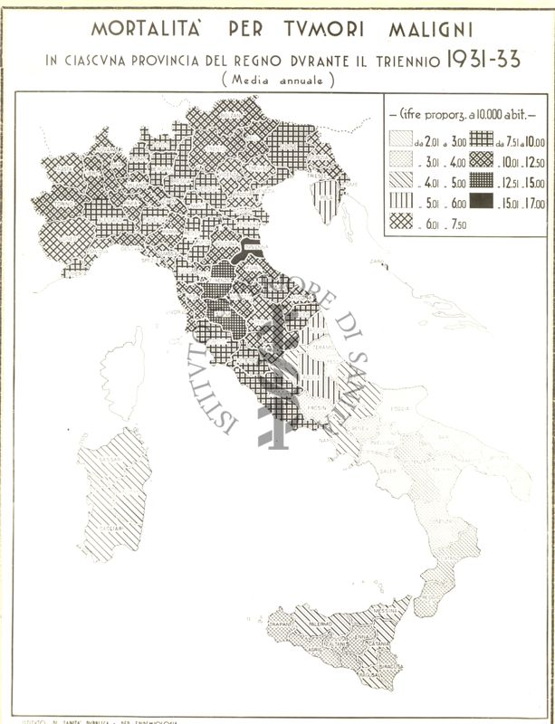 Cartogramma riguardante la mortalità per tumori maligni in ciascuna provincia del Regno durante il triennio 1931- 33
