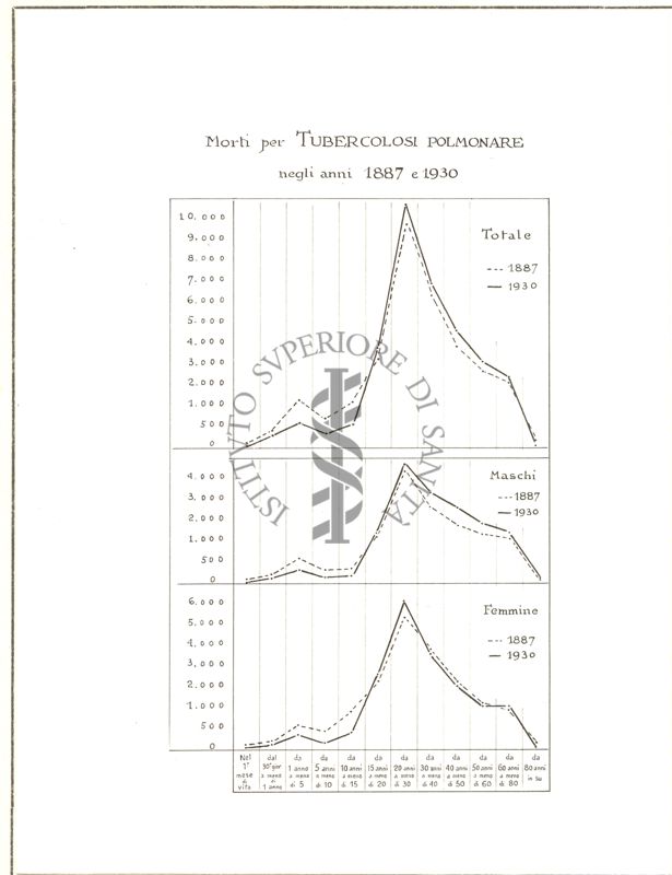 Diagramma riguardante i morti per tubercolosi polmonare negli anni 1887 e 1930