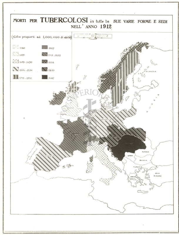 Cartogramma riguardante i morti per tubercolosi polmonare nell'anno 1912