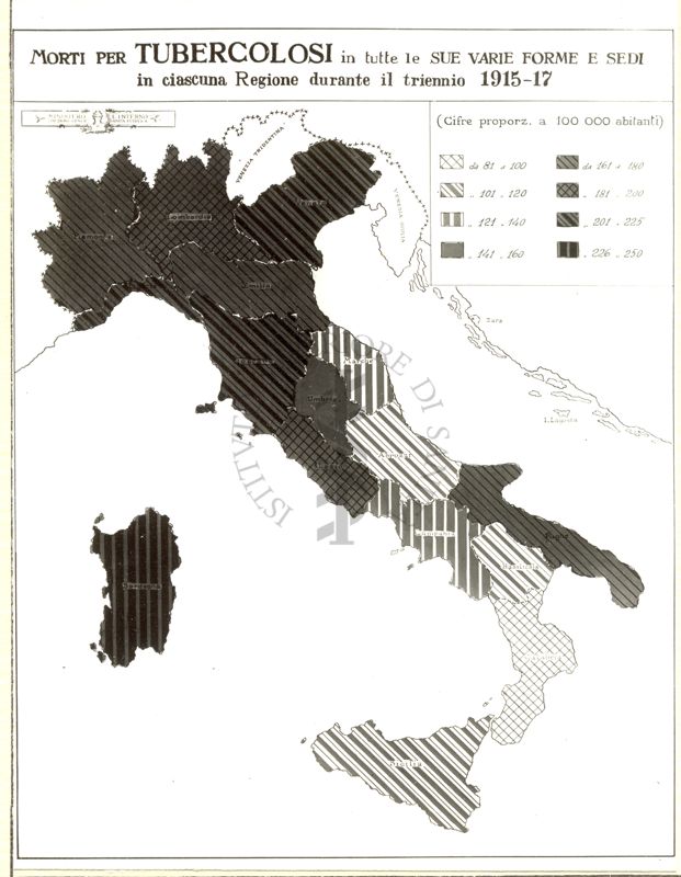 Cartogramma riguardante i morti per tubercolosi in tutte le sue varie forme e sedi in ciascuna regione durante il triennio 1915-17