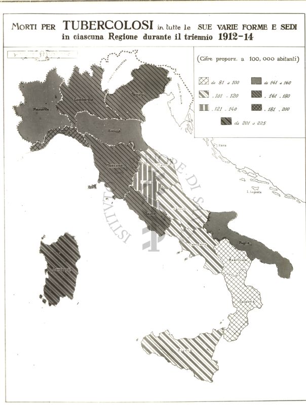 Cartogramma riguardante i morti per tubercolosi in tutte le sue varie forme e sedi in ciascuna regione durante il triennio 1915-17