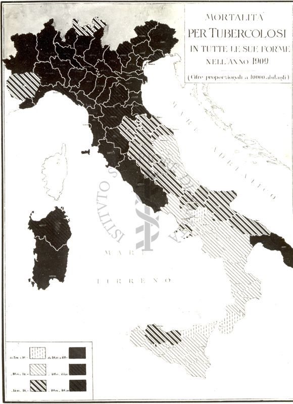 Cartogramma riguardante la mortalità per tubercolosi in tutte le sue forme nell'anno 1909