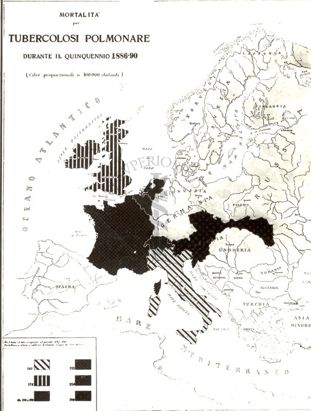 Carta d'Europa riguardante la mortalità per tubercolosi polmonare durante il quinquennio 1886-90