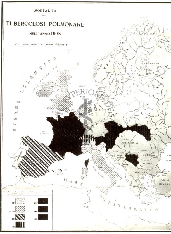 Carta d'Europa riguardante la mortalità per tubercolosi polmonare durante il quinquennio 1886-90