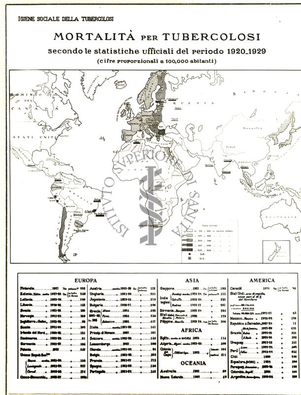 Carta d'Europa riguardante la mortalità per tubercolosi, secondo le statistiche ufficiali del periodo 1920-1929