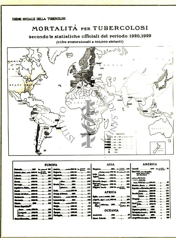 Carta d'Europa riguardante la mortalità per tubercolosi secondo le statistiche ufficiali del periodo 1920-1929