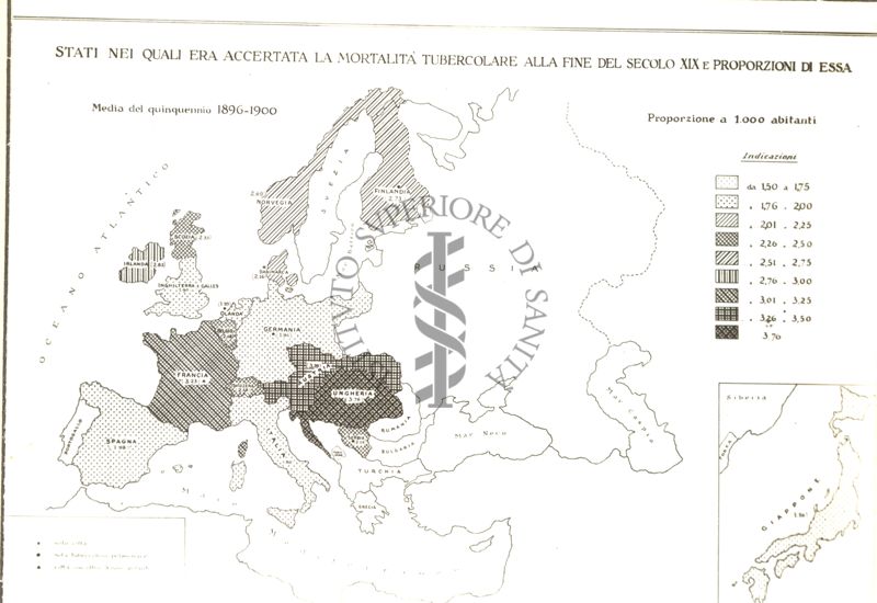 Carta d'Europa riguardante gli Stati nei quali era accertata la mortalità tubercolare alla fine del secondo XIX e proporzioni di essa.