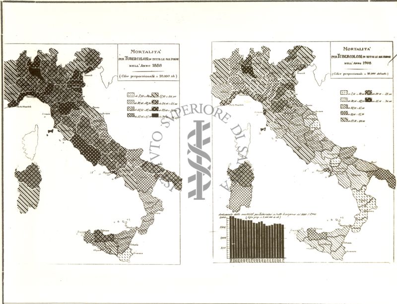 Cartogrammi riguardanti la mortalità per tubercolosi in tutte le sue forme negli anni 1888 e 1908