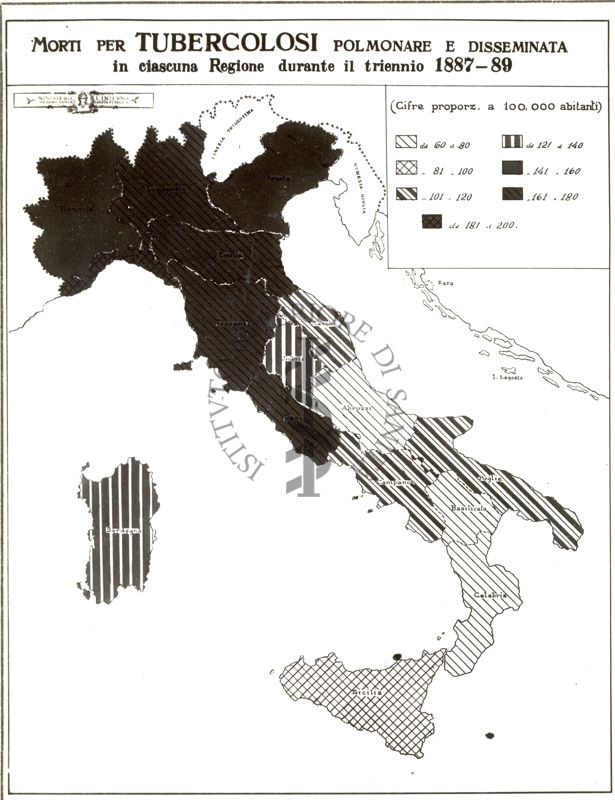 Cartogramma riguardante i morti pe tubertolosi polmonare e disseminata in ciascuna regione durante il triennio 1887-89