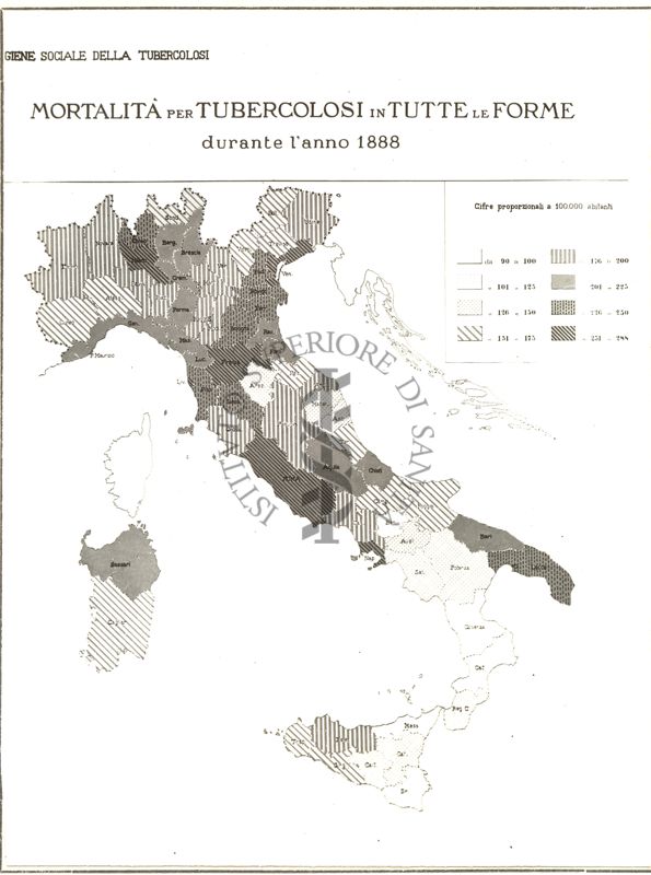 Cartogramma riguardante la mortalità per tubercolosi in tutte le forme durante l'anno 1888