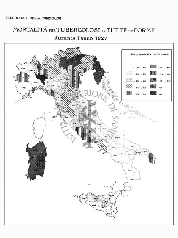 Cartogramma riguardante la mortalità per tubercolosi in tutte le forme durante l'anno 1927