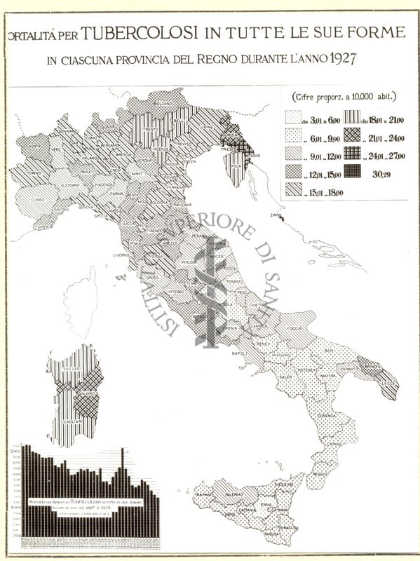 Cartogramma riguardante la mortalità per tubercolosi in tutte le sue forme in ciascuna provincia del Regno durante l'anno 1927