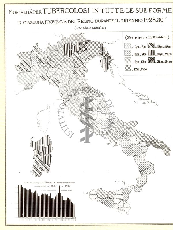 Mortalità per tubercolosi in tutte le sue forme in ciascuna provincia del Regno durante il triennio 1928 - 30