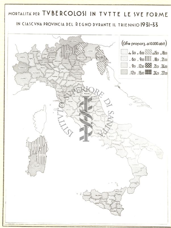 Cartogramma riguardante la mortalità per tubercolosi in tutte le sue forme in ciascuna provincia del regno durante il triennio 1931 - 33