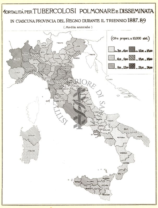 Cartogramma riguardante la mortalità per tubercolosi polmonare e disseminata in ciascuna provincia del Regno durante il triennio 1887 - 89