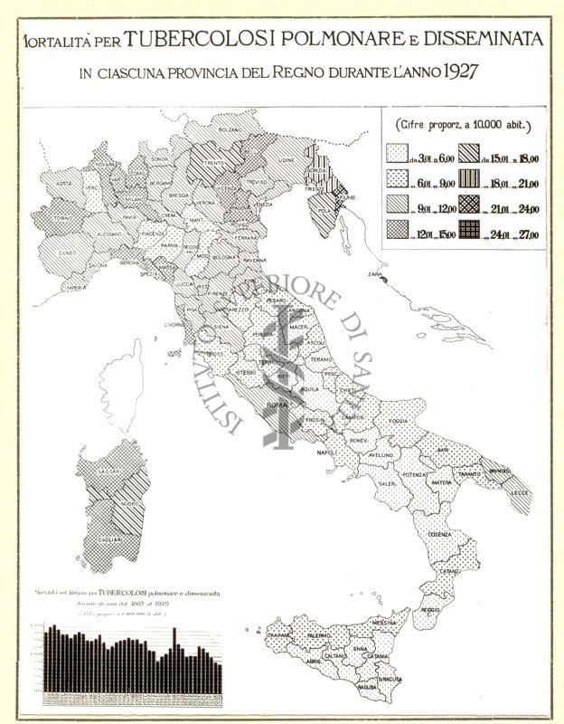 Cartogramma riguardante la mortalità per tubercolosi polmonare e disseminata in ciascuna provincia durante l'anno 1927