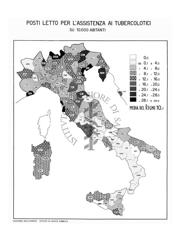 Cartogramma riguardante i posti letto per l'assistenza ai tubercolotici al 31 Dicembre 1939