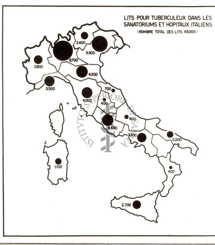 Cartogramma riguardante il numero dei letti per tubercolosi nei sanatori e ospedali italiani