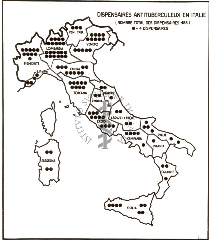 Cartogramma riguardante il numero dei dispensari antitubercolari in Italia