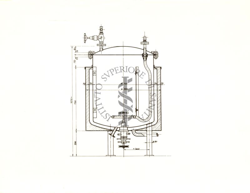 Schema di fermentatore  da 200 litri con agitatore in basso dell'impianto pilota dell'Istituto Superiore di Sanità
