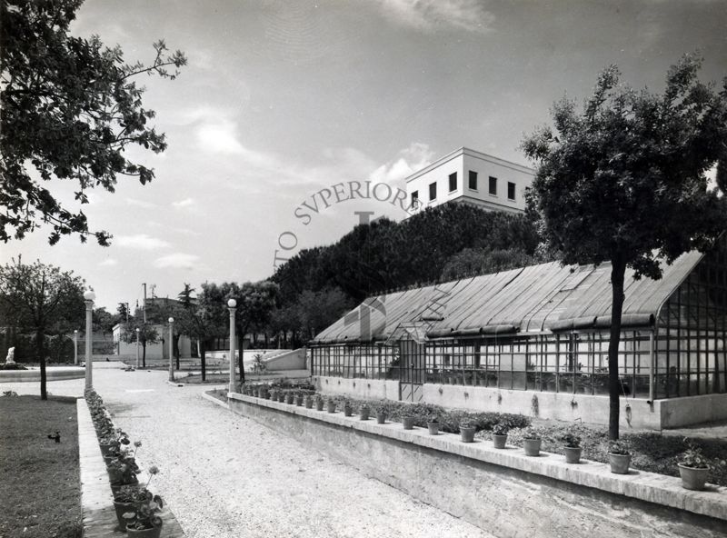 Immagine del viale di un giardino (con la serra) dell'Istituto Superiore di Sanità