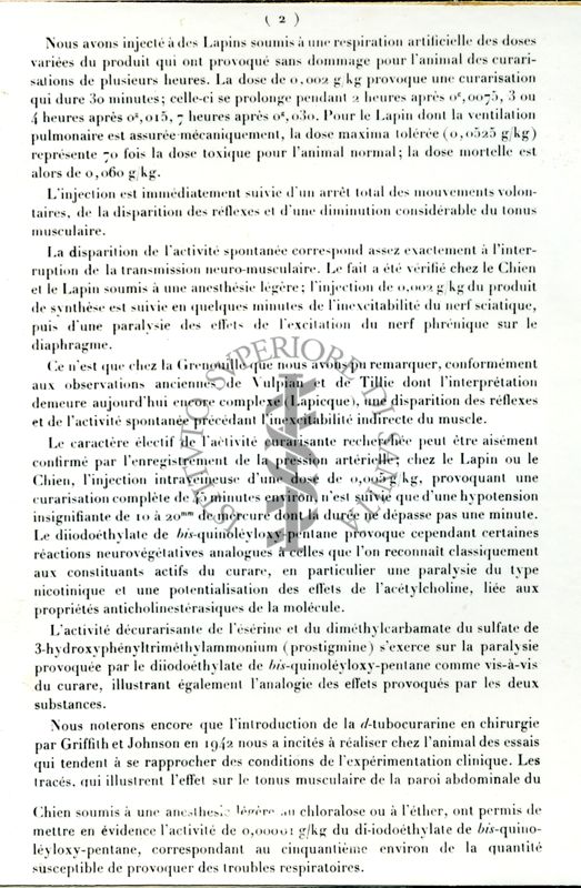 Pagina 2 di: Chimie biologique - Propriétés curarisantes du di-iodométhylate de bis-(quinoleyloxy-8')-1.5-pentane. Note de Daniel Bovet, Simon Courvoisier, René Ducrot et Raymond Horclois