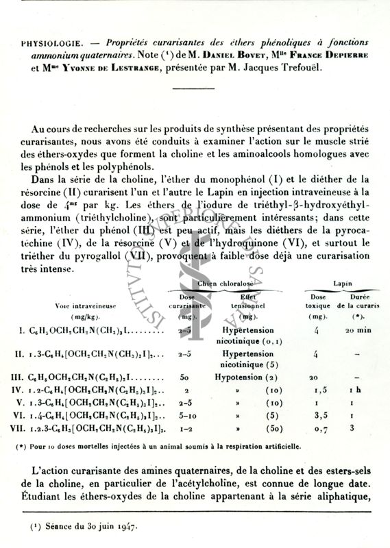 Pagina 1 di: Physiologie - Propriétés curarisantes des éthers phénoliques à fonctions ammonium quaternaires. Note de Daniel Bovet, France Depierre et Yvonne de Lastrange