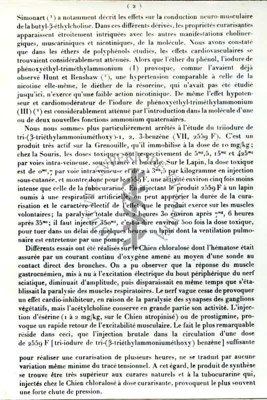 Pagina 2 di: Physiologie - Propriétés curarisantes des éthers phénoliques à fonctions ammonium quaternaires. Note de Daniel Bovet, France Depierre et Yvonne de Lastrange