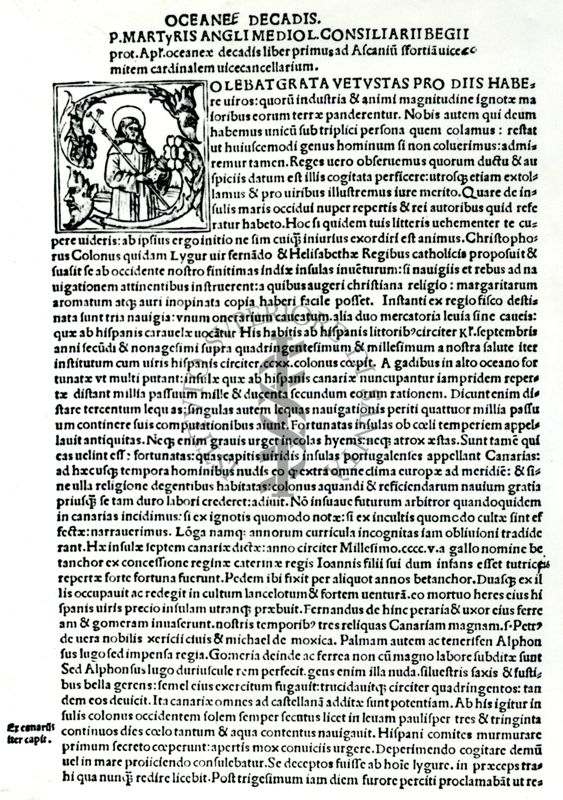 Prima pagina del "De orbe novo decades" di Pietro Martire d'Anghiera, primo testo in cui si trova menzione del Curaro