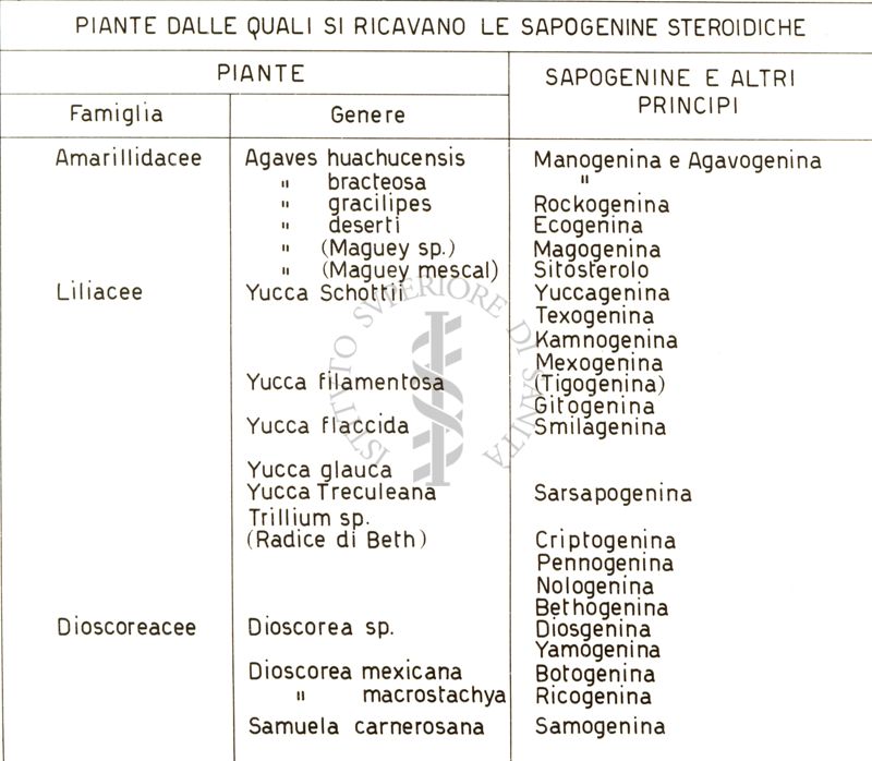 Tabella riguardante le piante dalle quali si ricavano le sapogenine steroidiche