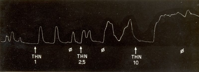 Grafico indicante l'azione oxitocica di alcuni derivati di sintesi della tetra idro naftil ammina su uteri isolati di coniglio e di cavia