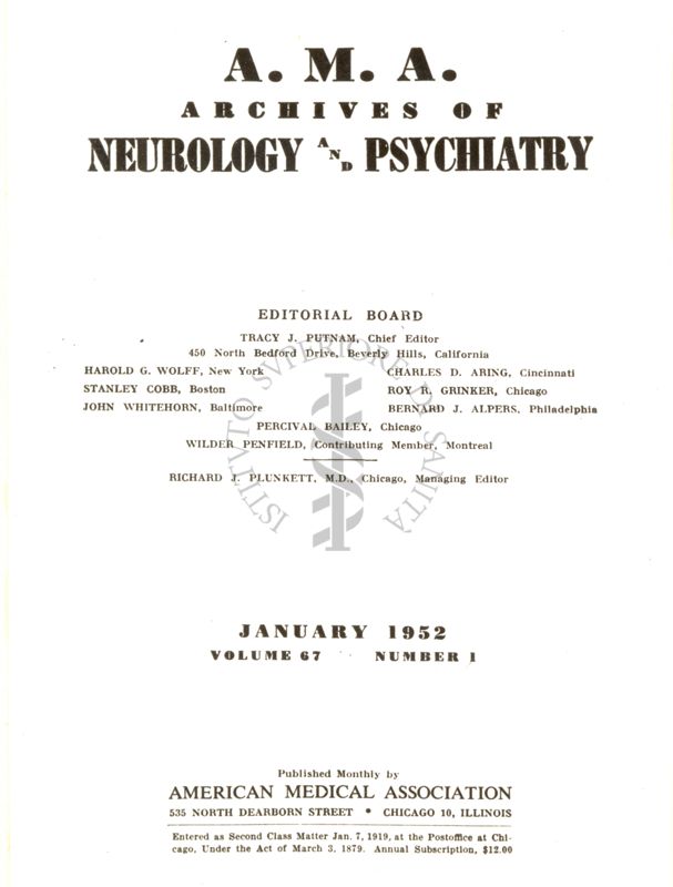 Frontespizio di un fascicolo della rivista: "Archives of neurology and psychiatry"