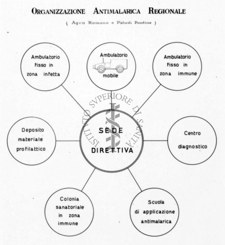 Diagramma riguardante l'organizzazione antimalarica regionale (Agro romano e paludi Pontine)