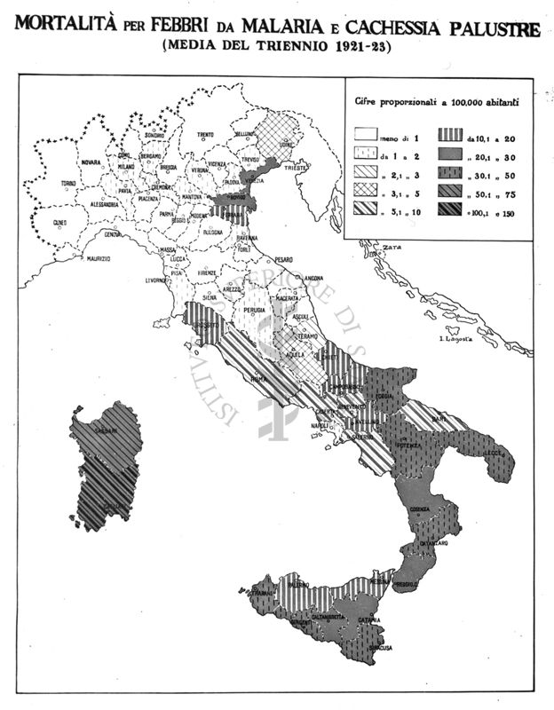 Cartogramma riguardante la mortalità per febbri di malaria e cachessia palustre (media del triennio 1921-23)