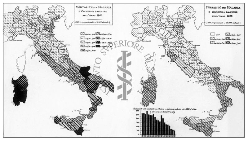 Cartogrammi riguardanti la mortalità per malaria e cachessia palustre negli anni 1900 e 1908