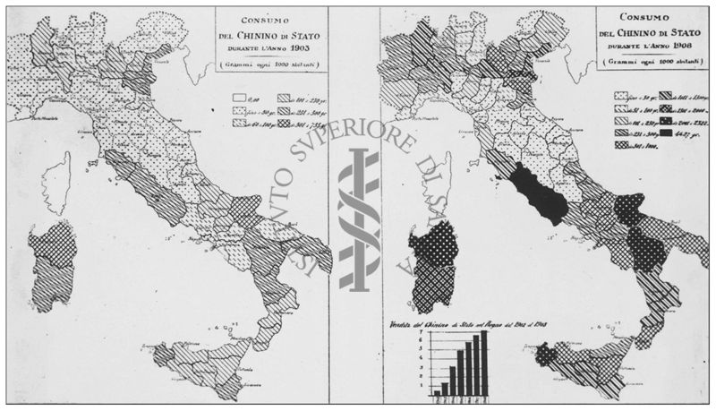 Cartogrammi riguardanti il consumo di Chinino di Stato durante gli anni 1903-1908