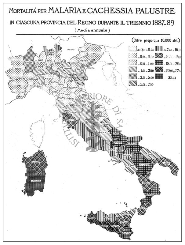 Cartogramma riguardante la Mortalità per malaria e cachessia palustre in ciascuna provincia del Regno durante il triennio 1887-89