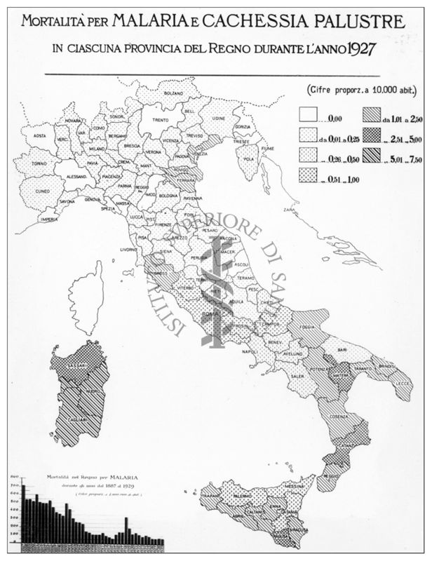 Cartogramma riguardante la mortalità per malaria e cachessia palustre in ciascuna provincia del Regno durante l'anno 1927