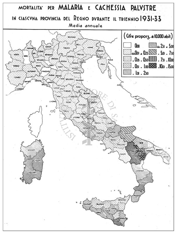 Cartogramma riguardante la mortalità per malaria e cachessia palustre in ciascuna provincia del Regno durante il triennio 1931-33