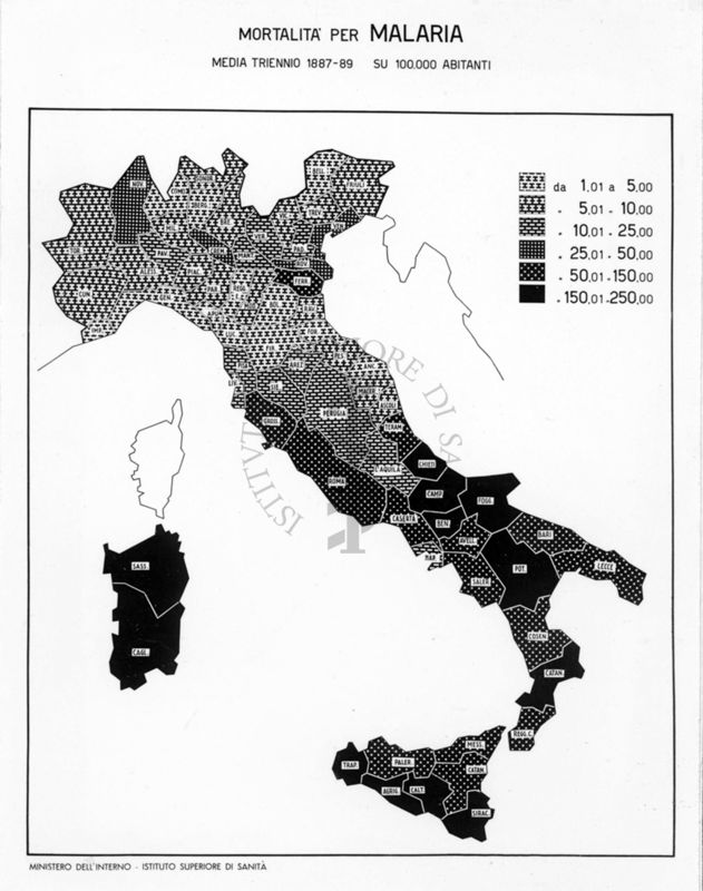 Cartogramma riguardante la mortalità per malaria nel triennio 1887-89